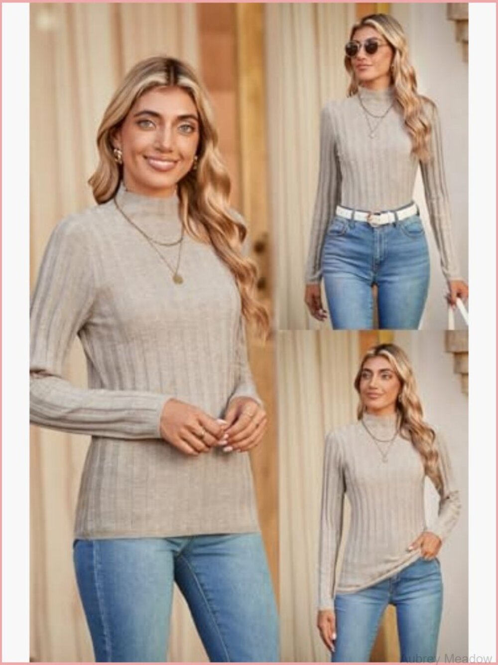 Mock Neck Ribbed Wool Blend Sweater Fitted Long Sleeve Pullover - Picture 3 of 6
